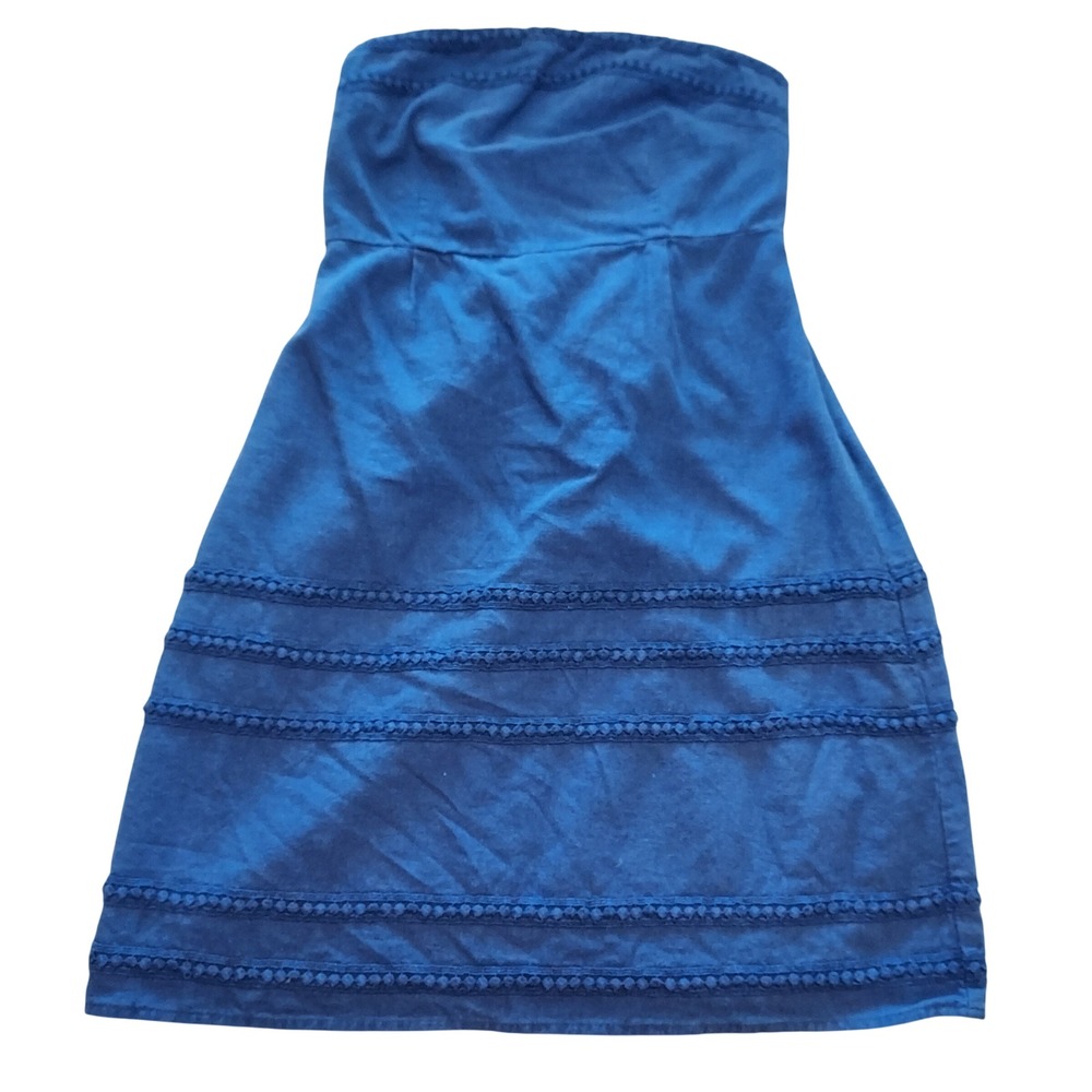 Old Navy Blue Linen Blend Strapless Mini Dress Smocked Back Size 6 Side Zip Boho